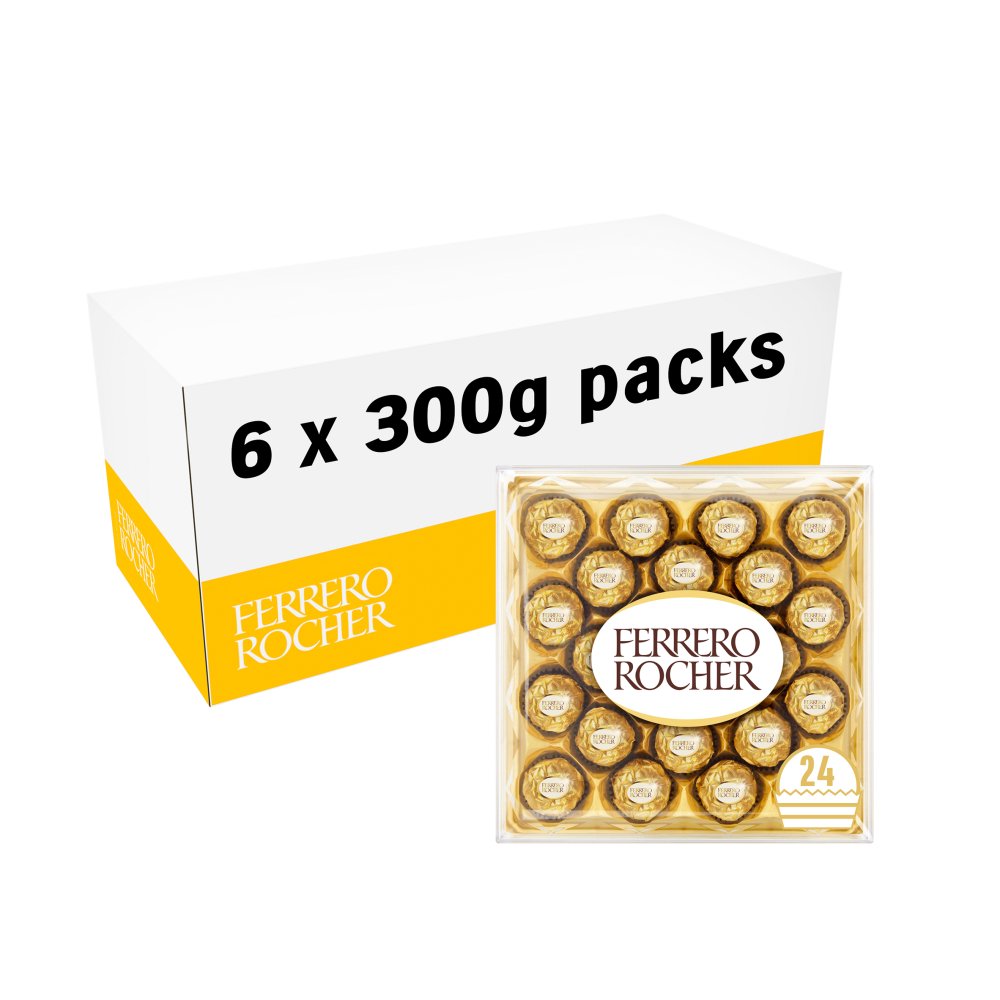 Ferrero Rocher Milk Chocolate Hazelnut Pralines Gift Box of Chocolates 24 Pieces 300g T24 × 6
